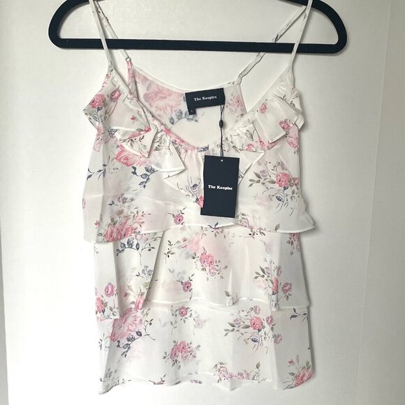 The Kooples Silk Floral Camisole XS White Tiered Sleeveless V Neck Ruffle Cream - Picture 2 of 7